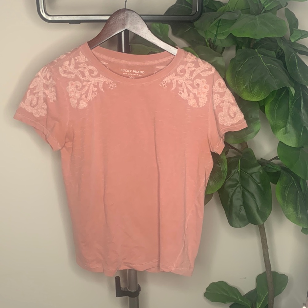 Salmon Lucky Brand Embroidered T shirt